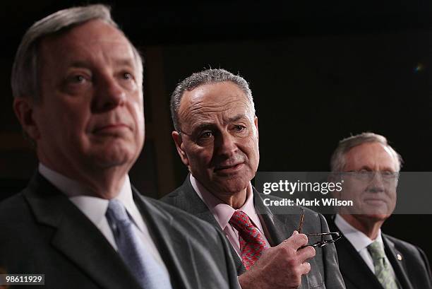 Assistant Senate Majority Leader Dick Durbin , Democratic Conference Vice Chairman Chuck Schumer and Senate Majority Leader Harry Reid participate in...