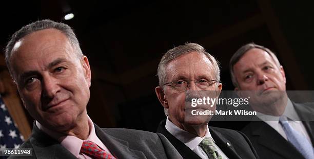 Democratic Conference Vice Chairman Chuck Schumer , Senate Majority Leader Harry Reid and Assistant Senate Majority Leader Dick Durbin participate in...