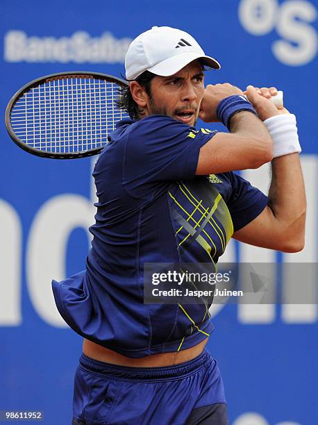 Fernando Verdasco of Spain follows the ball during his match against Jurgen Melzer of Austria on day four of the ATP 500 World Tour Barcelona Open...