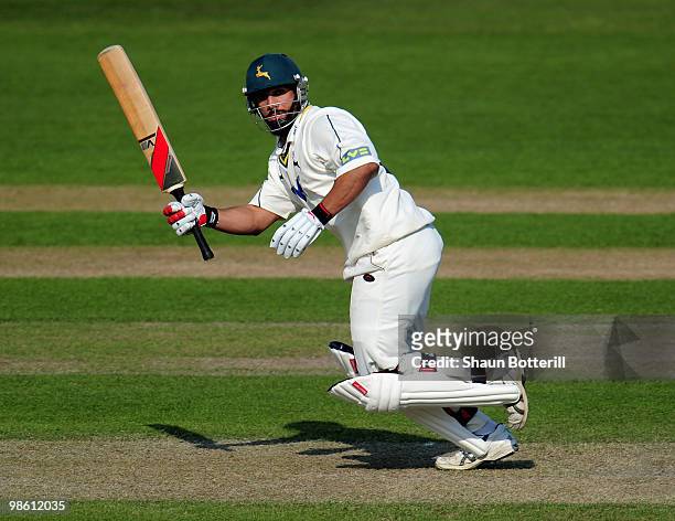 Andre Adams of Nottighamshire plays a shot during the LV County Championship match between Nottinghamshire and Somerset at Trent Bridge on April 22,...