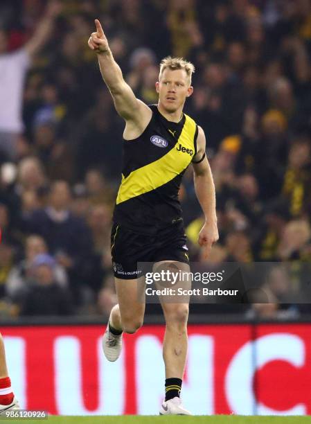 Jack Riewoldt of the Tigers celebrates after kicking a goal during the round 15 AFL match between the Richmond Tigers and the Sydney Swans at Etihad...