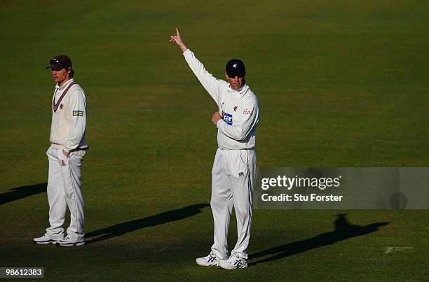 Somerset fielder Marcus Trescothick makes a point during day one of the LV County Championship Division one match between Nottinghamshire and...