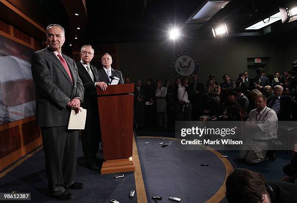 Democratic Conference Vice Chairman Chuck Schumer , Senate Majority Leader Harry Reid and Majority Whip Dick Durbin participate in a news conference...