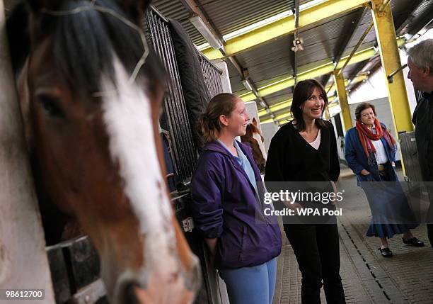 Samantha Cameron , wife of British opposition Conservative party leader David Cameron, laughs as she talks with staff during an election campaign...