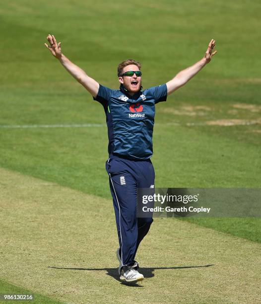 Liam Dawson of England Lions successfully appeals for the wicket of Sherman Lewis of West Indies A during the Tri-Series International match between...