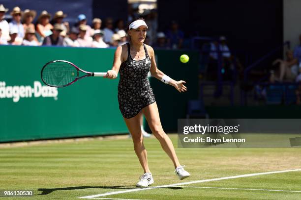 Agnieszka Radwanska of Poland in action during her match against Jelena Ostapenko of Latvia on day seven of the Nature Valley International at...