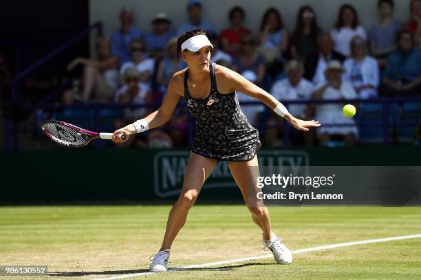 Agnieszka Radwanska of Poland in action during her match against Jelena Ostapenko of Latvia on day seven of the Nature Valley International at...