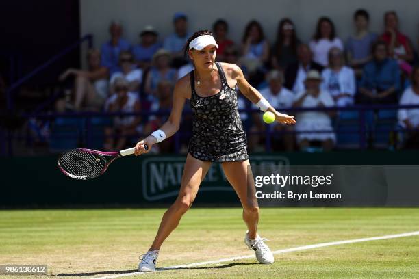 Agnieszka Radwanska of Poland in action during her match against Jelena Ostapenko of Latvia on day seven of the Nature Valley International at...