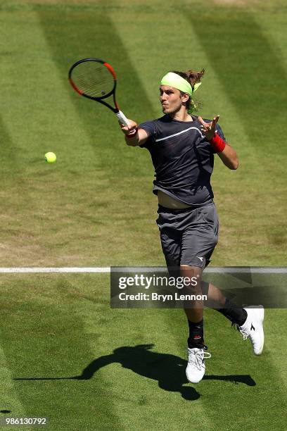 Lukas Lacko of Slovakia in action during his match against Cameron Norrie of Great Britain on day seven of the Nature Valley International at...