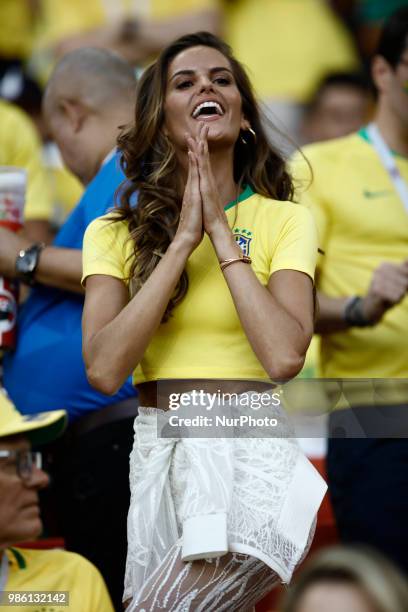 Izabel Goulart, a Brazilian Victorias Secret Model, blows a kiss during the 2018 FIFA World Cup Russia Group E match between Serbia and Brazil at...