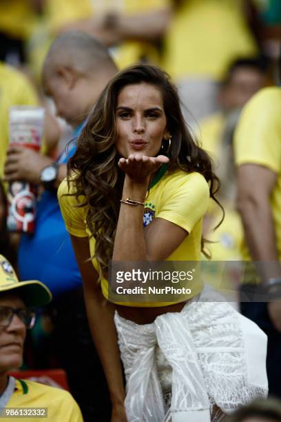 Izabel Goulart, a Brazilian Victorias Secret Model, blows a kiss during the 2018 FIFA World Cup Russia Group E match between Serbia and Brazil at...