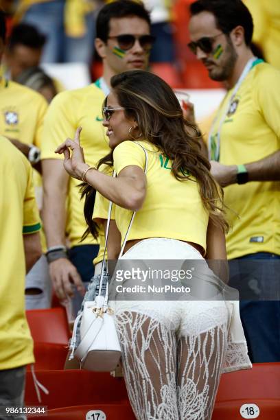 Izabel Goulart, a Brazilian Victorias Secret Model, blows a kiss during the 2018 FIFA World Cup Russia Group E match between Serbia and Brazil at...