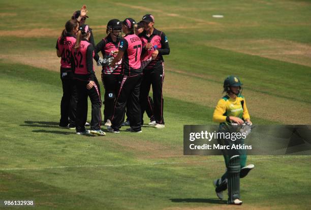 New Zealand players celebrate the wicket of Dane van Niekerk during the South Africa Women vs New Zealand Women International T20 Tri-Series at The...