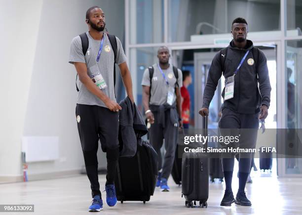 Abdoulaye Diallo of Senegal and Mbaye Niang of Senegal arrive at the stadium prior to the 2018 FIFA World Cup Russia group H match between Senegal...