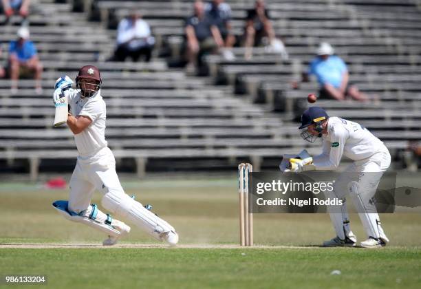 Scott Borthwick of Surrey plays a shot during the Specsavers County Championship Division One match between Yorkshire and Surrey on June 28, 2018 in...