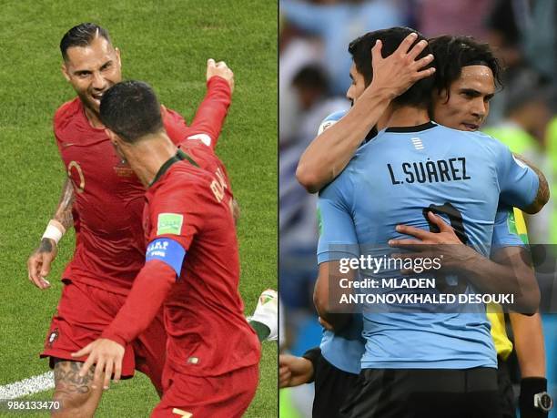 This combination of pictures created on June 28, 2018 shows Portugal's forward Ricardo Quaresma celebrates scoring the opening goal with Portugal's...