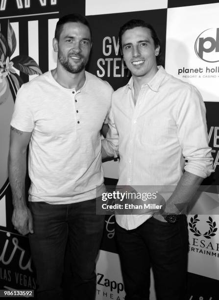 Deryk Engelland and Marc-Andre Fleury of the Vegas Golden Knights attend the grand opening of the "Gwen Stefani - Just a Girl" residency at Planet...