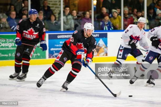 Canadas Peter Holland during the Ice Hockey Classic between the United States and Canada at Queenstown Ice Arena on June 28, 2018 in Queenstown, New...
