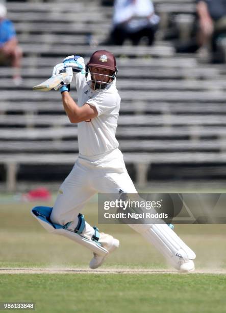 Scott Borthwick of Surrey plays a shot during the Specsavers County Championship Division One match between Yorkshire and Surrey on June 28, 2018 in...