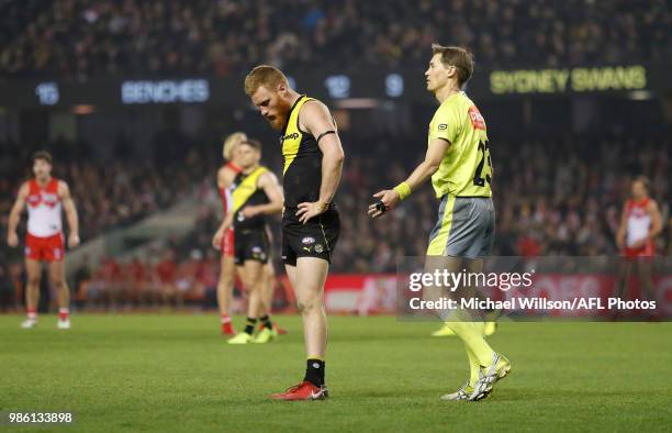 Nick Vlastuin of the Tigers looks on during the 2018 AFL round15 match between the Richmond Tigers and the Sydney Swans at Etihad Stadium on June 28,...