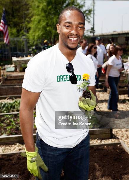 Actor Anthony Mackie participates in the Green For All Earth Day "Dig In" at Riverside Valley Community Garden on April 22, 2010 in the West Harlem...