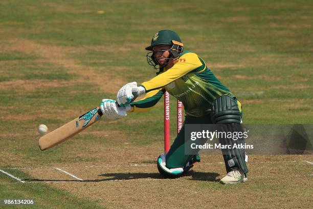 Mignon du Preez of South Africa bats during the South Africa Women vs New Zealand Women International T20 Tri-Series at The Brightside Ground on June...