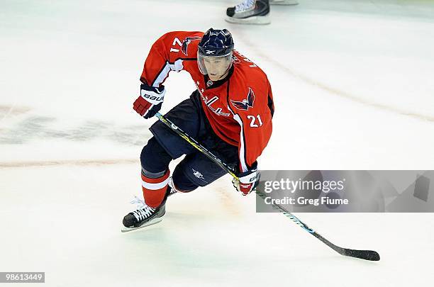 Brooks Laich of the Washington Capitals skates down the ice against the Montreal Canadiens in Game One of the Eastern Conference Quarterfinals during...