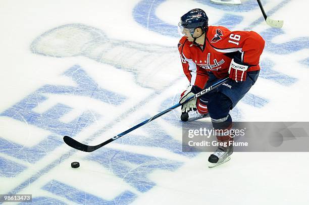 Eric Fehr of the Washington Capitals handles the puck against the Montreal Canadiens in Game One of the Eastern Conference Quarterfinals during the...