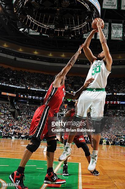Rasheed Wallace of the Boston Celtics takes a jump shot against Udonis Haslem of the Miami Heat in Game Two of the Eastern Conference Quarterfinals...