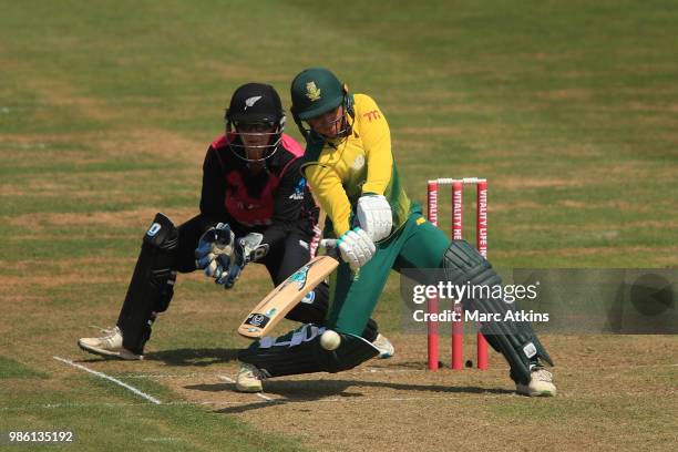 Mignon du Preez of South Africa bats during the South Africa Women vs New Zealand Women International T20 Tri-Series at The Brightside Ground on June...