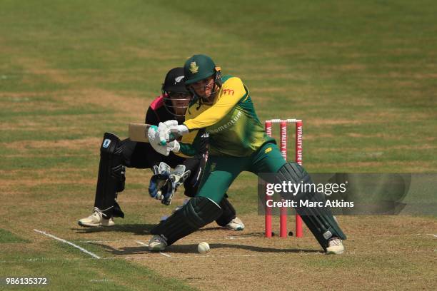 Mignon du Preez of South Africa bats during the South Africa Women vs New Zealand Women International T20 Tri-Series at The Brightside Ground on June...