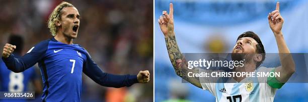 This combination of photos created on June 28, 2018 shows France's forward Antoine Griezmann in Saint-Denis, north of Paris, on August 31, 2017 and...