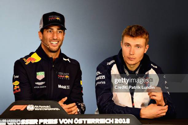 Daniel Ricciardo of Australia and Red Bull Racing and Sergey Sirotkin of Russia and Williams in the Drivers Press Conference during previews ahead of...