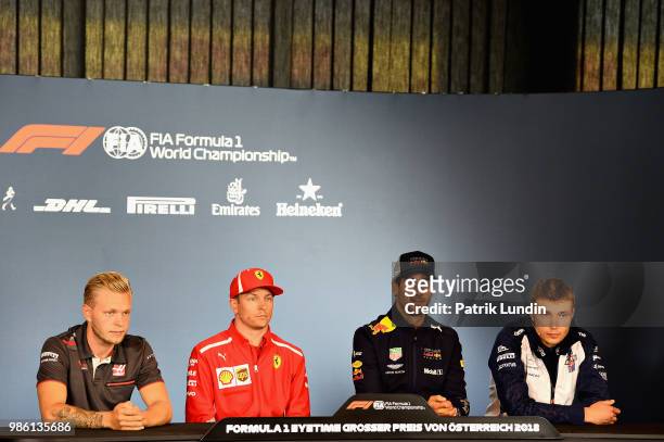 The Drivers Press Conference with Kevin Magnussen of Denmark and Haas F1, Kimi Raikkonen of Finland and Ferrari, Daniel Ricciardo of Australia and...