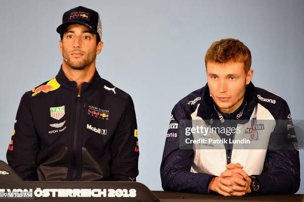 Daniel Ricciardo of Australia and Red Bull Racing and Sergey Sirotkin of Russia and Williams in the Drivers Press Conference during previews ahead of...