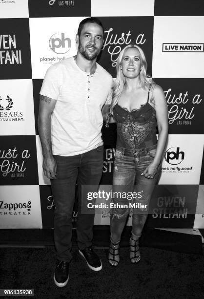 Deryk Engelland of the Vegas Golden Knights and his wife Melissa Engelland attend the grand opening of the "Gwen Stefani - Just a Girl" residency at...