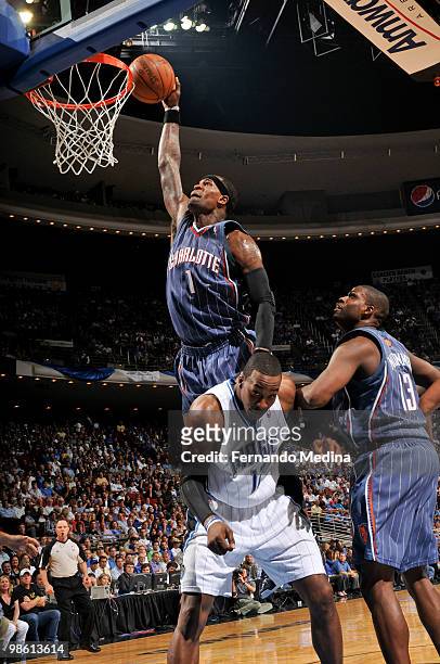 Stephen Jackson of the Charlotte Bobcats slam dunks against the Orlando Magic in Game Two of the Eastern Conference Quarterfinals during the 2010 NBA...