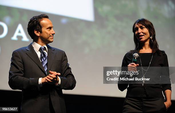 Activists Richard Greene and Madga Rod speak at the Earth Day celebration and screening of Avatar benefitting the Partnership for Los Angeles Schools...