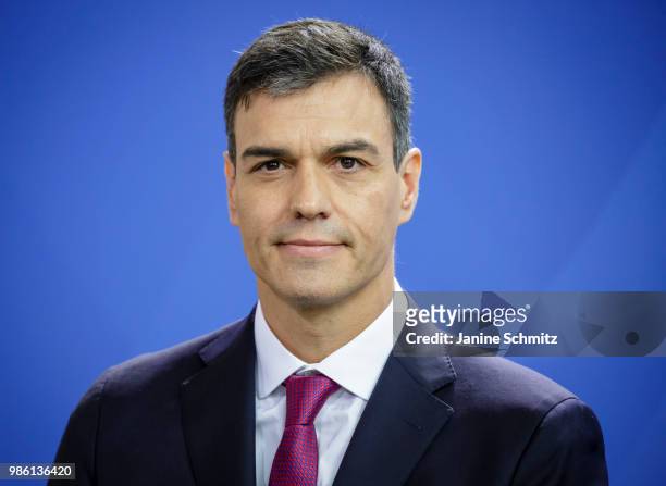 The Spanish Prime Minister Pedro Sanchez is pictured during a news conference in the German Chancellory on June 26, 2018 in Berlin, Germany.