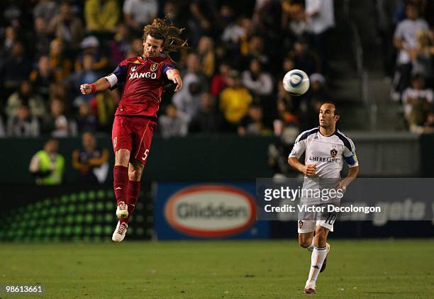 Kyle Beckerman of Real Salt Lake heads the high ball during their MLS match against the Los Angeles Galaxy at the Home Depot Center on April 17, 2010...