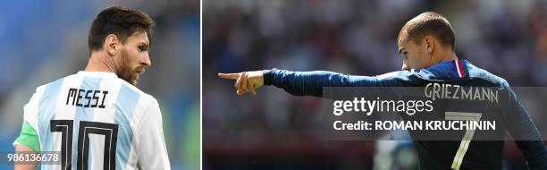 This combination of pictures created on June 28, 2018 shows Argentina's forward Lionel Messi in Saint Petersburg on June 26, 2018 and France's...