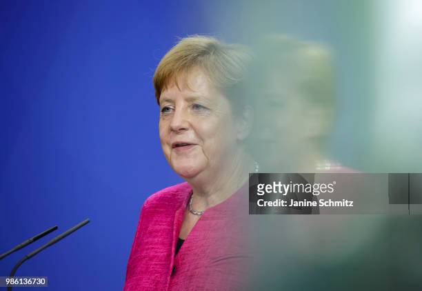 German Chancellor Angela Merkel is pictured during a news conference with the Spanish Prime Minister Pedro Sanchez after their meeting in the German...