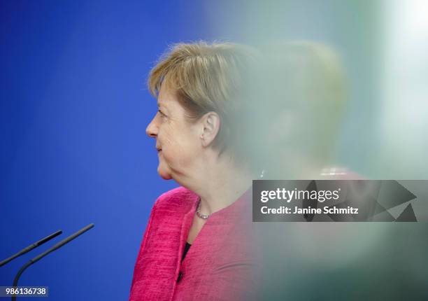 German Chancellor Angela Merkel is pictured during a news conference with the Spanish Prime Minister Pedro Sanchez after their meeting in the German...