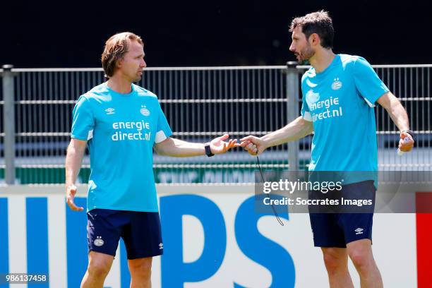 Assistant trainer Boudewijn Zenden of PSV, coach Mark van Bommel of PSV during the Training PSV at the De Herdgang on June 28, 2018 in Eindhoven...