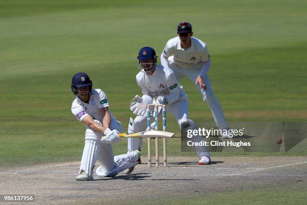 Joe Weatherley of Hampshire bats during day four of the Specsavers County Championship game at Old Trafford on June 28, 2018 in Manchester, England.