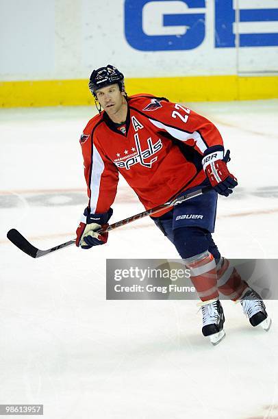 Mike Knuble of the Washington Capitals warms up before Game One of the Eastern Conference Quarterfinals during the 2010 NHL Stanley Cup Playoffs...