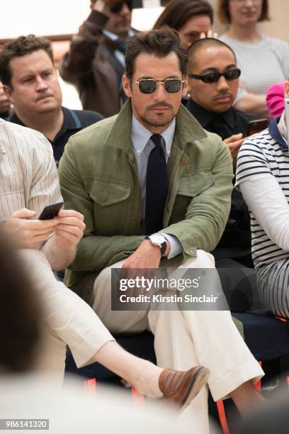 Model David Gandy wears a Thom Sweeney shirt, Emma Willis tie, Private White V.C jacket and trousers and Aerodrome by David Gandy for Aspinal of...