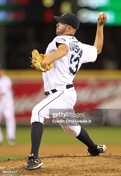 Closing pitcher David Aardsma of the Seattle Mariners pitches against the Baltimore Orioles at Safeco Field on April 20, 2010 in Seattle, Washington.