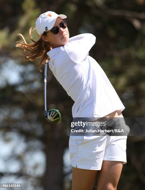 Agathe Laisne of France plays her first shot on the 11th tee during day three of The Ladies' British Open Amateur Championship at Hillside Golf Club...