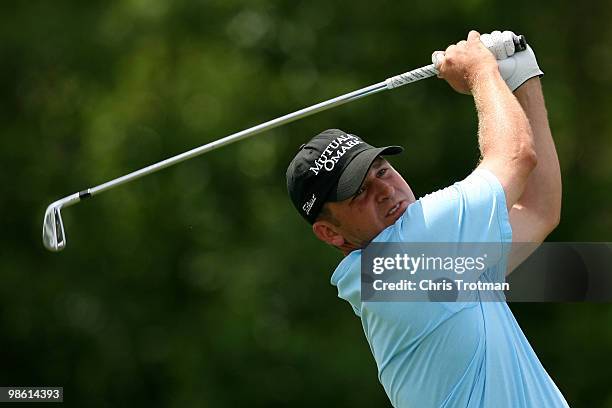 Jason Bohn tees off on the 14th hole during the first round of the Zurich Classic at TPC Louisiana on April 22, 2010 in Avondale, Louisiana.